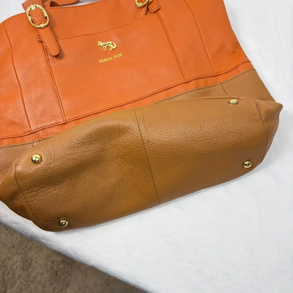 Emma Fox orange brown soft leather tote handbag. floral lining. satchel, purse